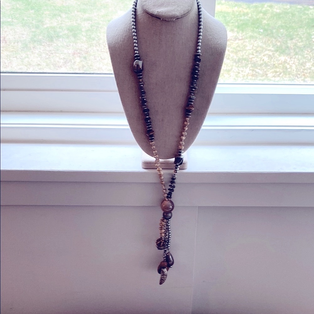Long Beaded Necklace with chunky beaded dangling tassel style pendant